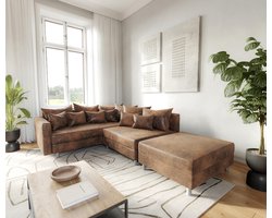 Hoekbank Clovis Bruine antieke look met hocker en armleuning Ottomane links Hoekbank