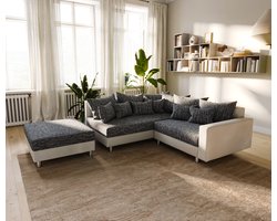 Hoekbank Clovis wit zwart met armleuning en hocker ottomane links Module-bank