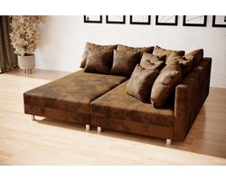 Hoekbank Denver mini met poef- Hoeksalon Vintage Bruin - Zitbank met bedfunctie door hocker