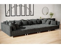 hoekbank denver xxl- zwart stof- met 2 poefs (hocker)- hoeksalon denver wooneiland- zetelsenbedden