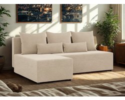 Hoekbank FERMO - L-Bank met bedfunctie en opbergruimte - Beige - Ribstof Velvet - Zetel -Slaapbank-