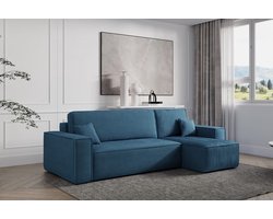 Hoekbank Frenkie - Universeel - Ribstof - Blauw - Slaapbank met opbergruimte - Lounge Links of Rechts - Direct Leverbaar - Hoekzetel - Chaise longue - Zetel met slaapgedeelte - 3 zits - Zitcomfort Medium