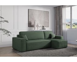 Hoekbank Frenkie - Universeel - Ribstof - Groen - Slaapbank met opbergruimte - Lounge Links of Rechts - Direct Leverbaar - Hoekzetel - Chaise longue - Zetel met slaapgedeelte - 3 zits - Zitcomfort Medium