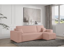 Hoekbank Frenkie - Universeel - Ribstof - Roze - Slaapbank met opbergruimte - Lounge Links of Rechts - Direct Leverbaar - Hoekzetel - Chaise longue - Zetel met slaapgedeelte - 3 zits - Zitcomfort Medium