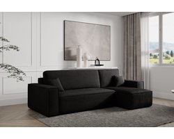 Hoekbank Frenkie - Universeel - Ribstof - Zwart - Slaapbank met opbergruimte - Lounge Links of Rechts - Direct Leverbaar - Hoekzetel - Chaise longue - Zetel met slaapgedeelte - 3 zits - Zitcomfort Medium