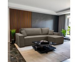 Hoekbank Frenkie - Universeel - Velvet - Taupe - Fluweel - Slaapbank met opbergruimte - Lounge Links of Rechts - Direct Leverbaar - Hoekzetel - Chaise longue - Zetel met slaapgedeelte - 3 zits - Zitcomfort Medium
