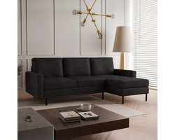 Hoekbank Hanneke - Suède Look - Zwart - Universeel - Links of Rechts - Hoekzetel - L-bank - Zetel - Chaise lounge - Lederlook - Eco-leer - Direct leverbaar - 3 zits