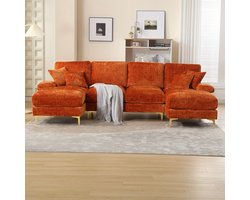 Hoekbank – Hoekbanken – U-bank – 4-zitsbank – Zitbank – Oranje Chenille – Dubbele Relaxzetels – Ruim U-vormig Design