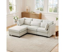 Hoekbank – Hoeksalon – Loungebank – Slaapbank – 3-Zitsbank – Katoen-Linnen Stof – Verwijderbare Voetenbank – Stevig Houten Frame – Comfortabele Kussens