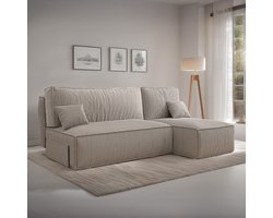 Hoekbank Jelle - Universeel - Ribstof - Beige - Slaapbank met opbergruimte - Lounge Links of Rechts - Direct Leverbaar - Hoekzetel - Chaise longue - Zetel met slaapgedeelte - 3 zits - Zitcomfort Medium