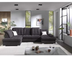 hoekbank karina- antraciet stof- met opbergruimte en slaapfunctie- hoeksalon met bed en opbergruimte- zetelsenbedden