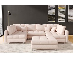 hoekbank kent U- beige- met poef(hocker)- hoeksalon kent wooneiland- zetelsenbedden