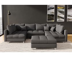hoekbank kent U- donkergrijs- met poef(hocker)- hoeksalon kent wooneiland- zetelsenbedden