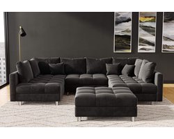 hoekbank kent U- donkergrijs Velvetstof- met poef(hocker)- hoeksalon kent wooneiland zetelsenbedden