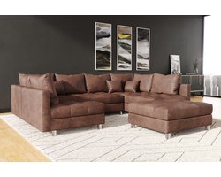 hoekbank kent U- vintage bruin- met poef (hocker)- hoeksalon kent wooneiland- zetelsenbedden