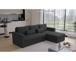 Hoekbank Kreta - Universeel - Stof - Zwart - Slaapbank met opbergruimte - Links of Rechts - Direct Leverbaar - Hoekzetel - Chaise longue - Zetel met slaapgedeelte - 3 zits - Zitcomfort stevig