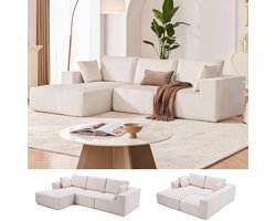 Hoekbank - L-Bank met Slaapfunctie - Slaapbank - Zetel - 3 Zits - Corduroy - Modulair - 5 kussens - 273x176x57 cm - Geen montage nodig - Beige