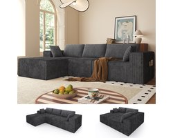 Hoekbank - L-Bank met Slaapfunctie - Slaapbank - Zetel - 3 Zits - Corduroy - Modulair - 5 kussens - 273x176x57 cm - Geen montage nodig - Grijs