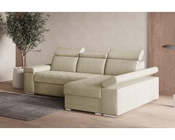 Hoekbank L met slaapfunctie, verstelbare hoofdsteunen & bedlade – Moderne slaapbank met opbergruimte – Hoekbank Luka L – Beige (Twist 01) – Rechts