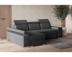 Hoekbank L met slaapfunctie, verstelbare hoofdsteunen & bedlade – Moderne slaapbank met opbergruimte – Hoekbank Luka L – Donkergrijs (Twist 23) – Links