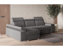 Hoekbank L met slaapfunctie, verstelbare hoofdsteunen & bedlade – Moderne slaapbank met opbergruimte – Hoekbank Luka L – Grijs (Twist 20) – Links