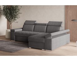 Hoekbank L met slaapfunctie, verstelbare hoofdsteunen & bedlade – Moderne slaapbank met opbergruimte – Hoekbank Luka L – Grijs (Twist 20) – Rechts