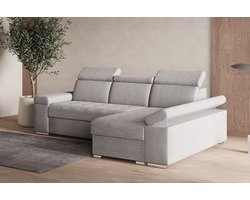 Hoekbank L met slaapfunctie, verstelbare hoofdsteunen & bedlade – Moderne slaapbank met opbergruimte – Hoekbank Luka L – Lichtgrijs (Twist 19) – Rechts