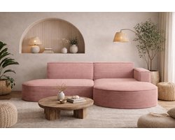 Hoekbank L-vorm 165 x 236 x 78 cm – 3-Zits Ribfluwelen Corduroy Bank met Voetenbank & Bedfunctie – Moderne Comfortabele Woonkamer Bank Rechts – Roze – MODENA Studio Comfort – Mobili Bella