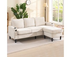 Hoekbank - L-vorm - 3-zits Slaapbank met USB en Bekerhouders - Linnen - Beige