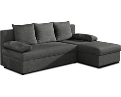 Hoekbank L-vormige bank met flexibel monteerbare ottomane, slaapfunctie en opbergruimte 206x90x146 cm - ARON - Donkergrijs (Sawana 05)