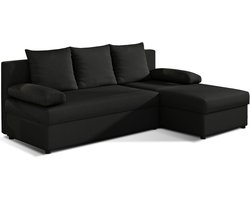 Hoekbank L-vormige bank met flexibel monteerbare ottomane, slaapfunctie en opbergruimte 206x90x146 cm - ARON - Zwart (Sawana 14)