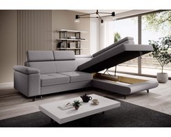 Hoekbank Lars Grijs stof - Met bed en opbergruimte - Lounge ( longchair ) Rechts - Hoeksalon slaapfunctie en opberging - zetelsenbedden