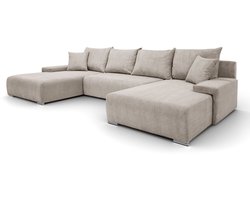 Hoekbank Lauren U-vorm, 348x188 cm met Slaapfunctie en Opbergbak, 5-zits, Opbergruimte voor Beddengoed, Grote bank, Hoekbank, Corduroy, Beige