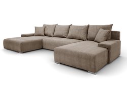 Hoekbank Lauren U-vorm, 348x188 cm met Slaapfunctie en Opbergbak, 5-zits, Opbergruimte voor Beddengoed, Grote bank, Hoekbank, Corduroy, Cappuccino