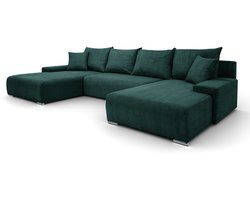 Hoekbank Lauren U-vorm, 348x188 cm met Slaapfunctie en Opbergbak, 5-zits, Opbergruimte voor Beddengoed, Grote bank, Hoekbank, Corduroy, Groen