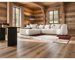 Hoekbank Links 263x233 cm – Grote 6-Persoons Ribfluweel Hoekbank met Chaise Longue en Kussens – Waterafstotende Fluweel Bank met Nosag Veren en Gewatteerde Rugleuning – Beige Luxe Design Hoekbank – Depauw