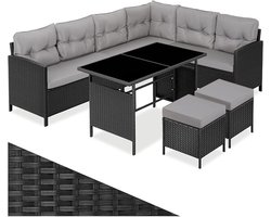 Hoekbank Loungeset Polyrotan 4-delig met Eettafel en Kussens Bruin Weerbestendig Tuinset voor Balkon Terras en Tuin - Madison 205 x 205 cm - Mobili Bella