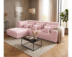 hoekbank mana- lounge links- ultra dikke ribstof pink- hoeksalon roze