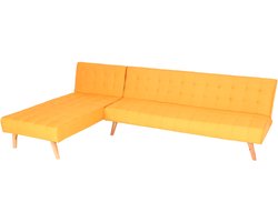 Hoekbank MCW-K38, bank opklapbaar, ligvlak links/rechts, stof/textiel massief hout MVG gecertificeerd 256cm ~ geel