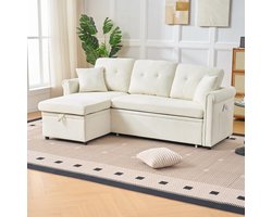 Hoekbank met Opbergruimte en Slaapfunctie, Praktische Slaapbank met Opbergbox, Beide Zijden Monteerbaar, L-vormige Chenille Bank voor Woonkamer of Gastenkamer, Beige