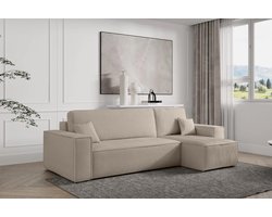 Hoekbank met opbergruimte Frenkie - Beige - Ribstof Velvet - Zetel - Slaapbank - Universeel - Links of Rechts - Hoekzetel - Chaise longue - Zetel met slaapgedeelte - 3 zits