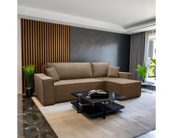 Hoekbank met opbergruimte Frenkie - Beige - Velvet stof - Zetel - Slaapbank - Universeel - Links of Rechts - Hoekzetel - Chaise longue - Zetel met slaapgedeelte - 3 zits