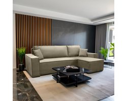 Hoekbank met opbergruimte Frenkie - Taupe - Velvet stof - Zetel - Slaapbank - Universeel - Links of Rechts - Hoekzetel - Chaise longue - Zetel met slaapgedeelte - 3 zits