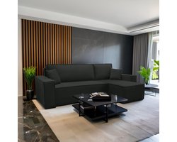 Hoekbank met opbergruimte Frenkie - Zwart - Velvet stof - Zetel - Slaapbank - Universeel - Links of Rechts - Hoekzetel - Chaise longue - Zetel met slaapgedeelte - 3 zits