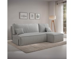 Hoekbank met opbergruimte Jelle - Grijs - Ribstof Velvet - Zetel - Slaapbank - Universeel - Links of Rechts - Hoekzetel - Chaise longue - Zetel met slaapgedeelte - 3 zits