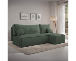 Hoekbank met opbergruimte Jelle - Groen - Ribstof Velvet - Zetel - Slaapbank - Universeel - Links of Rechts - Hoekzetel - Chaise longue - Zetel met slaapgedeelte - 3 zits
