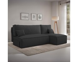 Hoekbank met opbergruimte Jelle - Zwart - Ribstof Velvet - Zetel - Slaapbank - Universeel - Links of Rechts - Hoekzetel - Chaise longue - Zetel met slaapgedeelte - 3 zits
