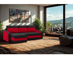 Hoekbank met opbergruimte ORION - Zwart-Rood - Slaapbank - Universeel - Links of Rechts - Hoekzetel - Zetel met slaapgedeelte -twee kussens gratis 31cm/33cm