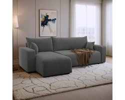 Hoekbank met opbergruimte Romee - Antraciet - Teddy stof - Universeel - Links of Rechts - Zetel - Slaapbank - Hoekzetel - Chaise longue - Zetel met slaapgedeelte - 3 zits