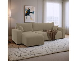 Hoekbank met opbergruimte Romee - Universeel - Teddy stof - Beige - Slaapbank met opbergruimte - Lounge Links of Rechts - Direct Leverbaar - Hoekzetel - Chaise longue - Zetel met slaapgedeelte - 3 zits - Zitcomfort Medium